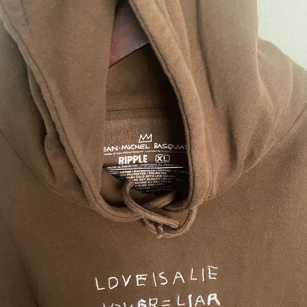 Jean Michel Basquiat Brown Hoodie by Ripple. Embroidered “LOVE IS A LIE” XL - Picture 2 of 11